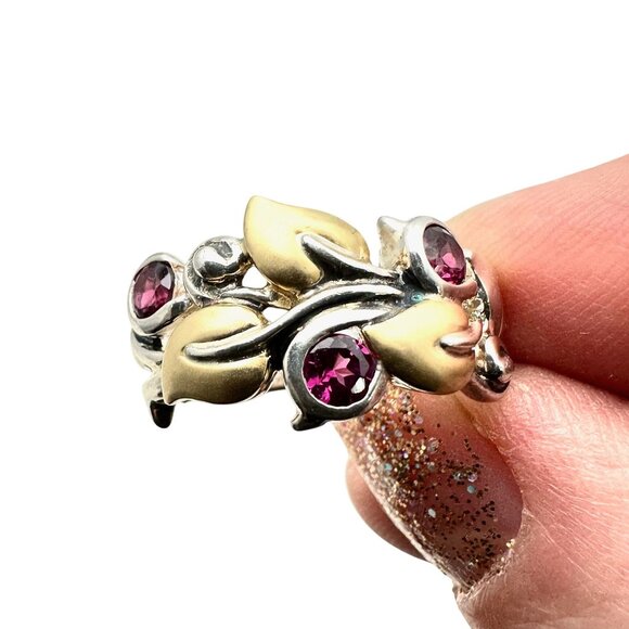 Barbara Bixby Womens Ring Sterling Silver 18K Gold Red Garnet Vine Band Size 8 - Picture 1 of 3
